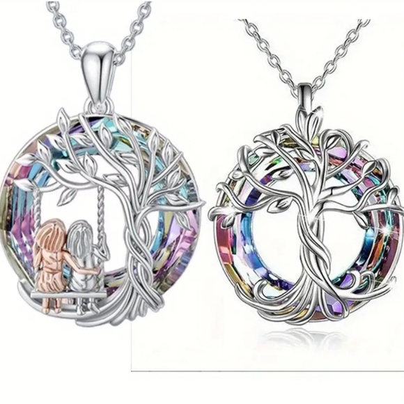 None Jewelry - Tree of Life Pendant Necklace with Sisters on Swing Design 2 pc set
